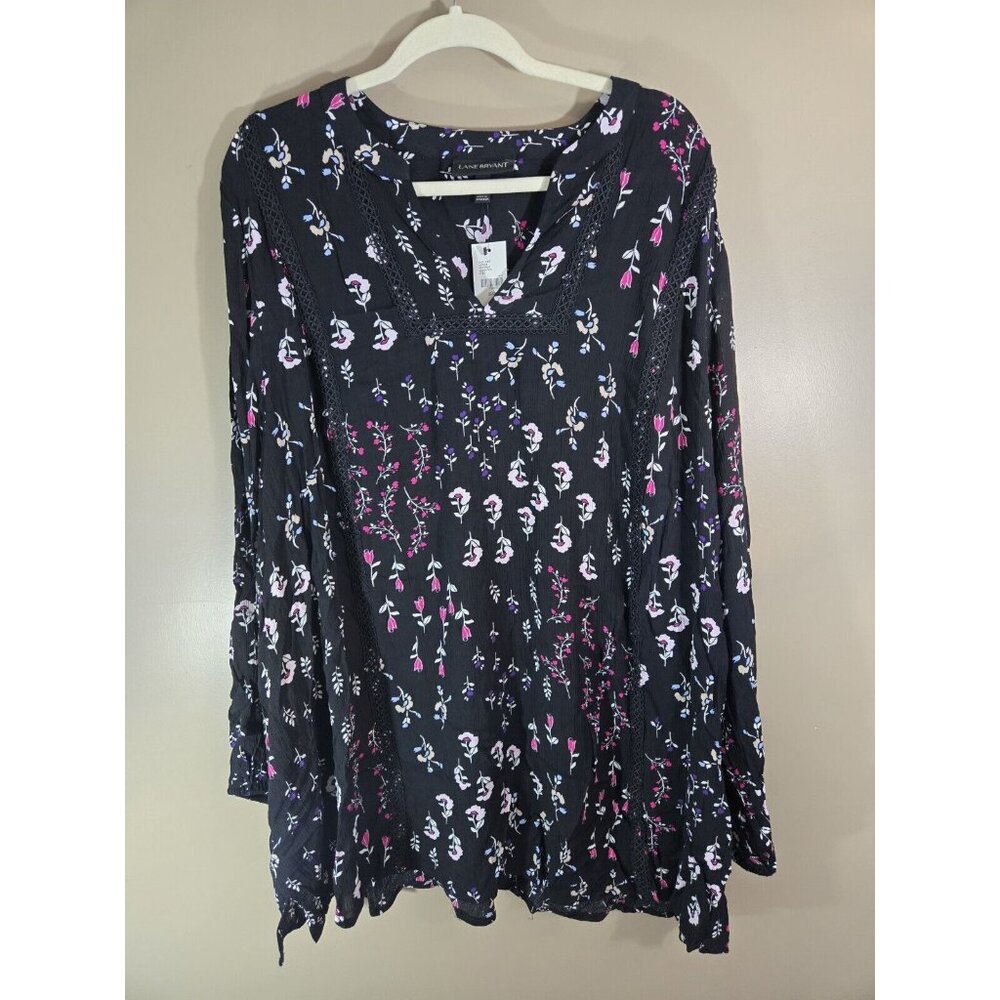 NWT Lane Bryant Black Pink Purple Embroidered Long Sleeve Blouse Sz 22/24